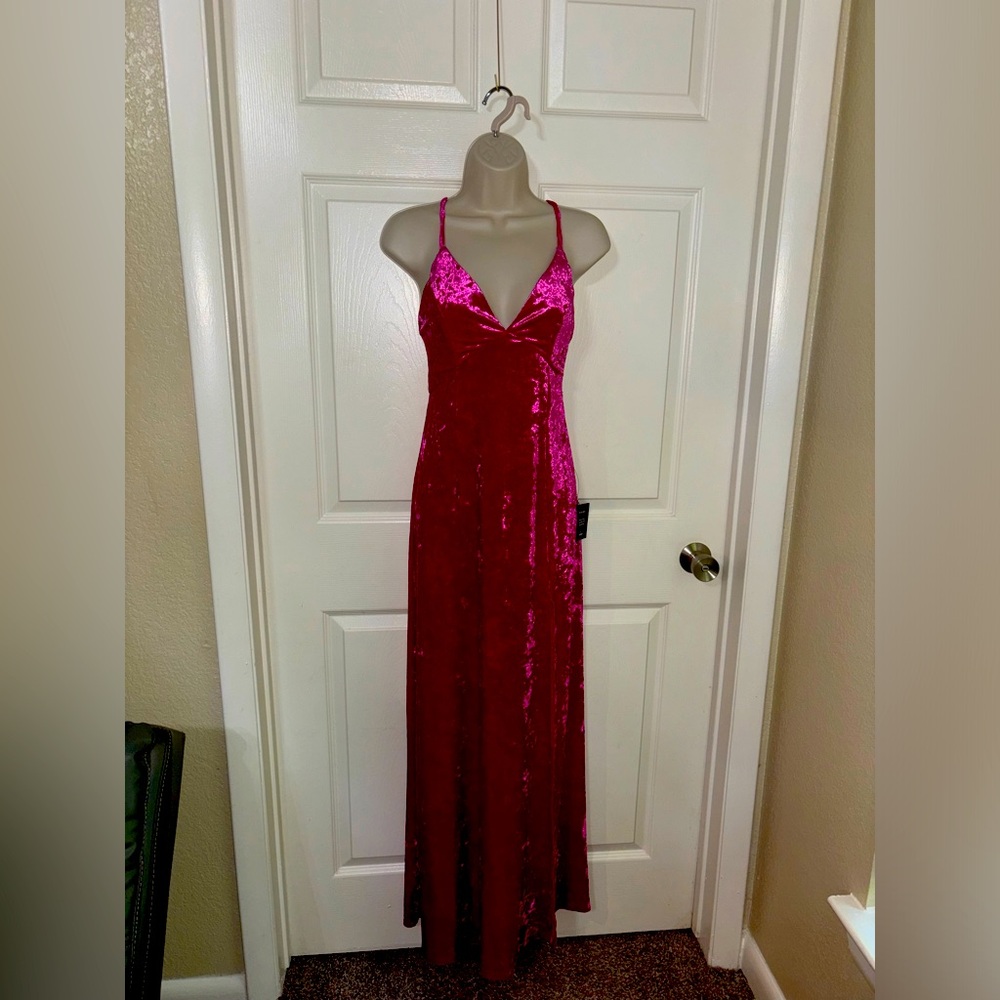 Pink crush velvet floor length evening dress